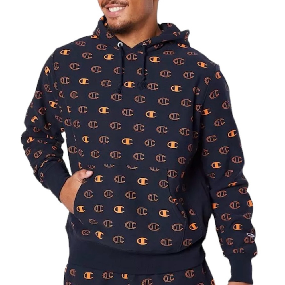 Champion Reverse Weave Hooded Sweatshirt Navy Blue Orange L Athletic Logo